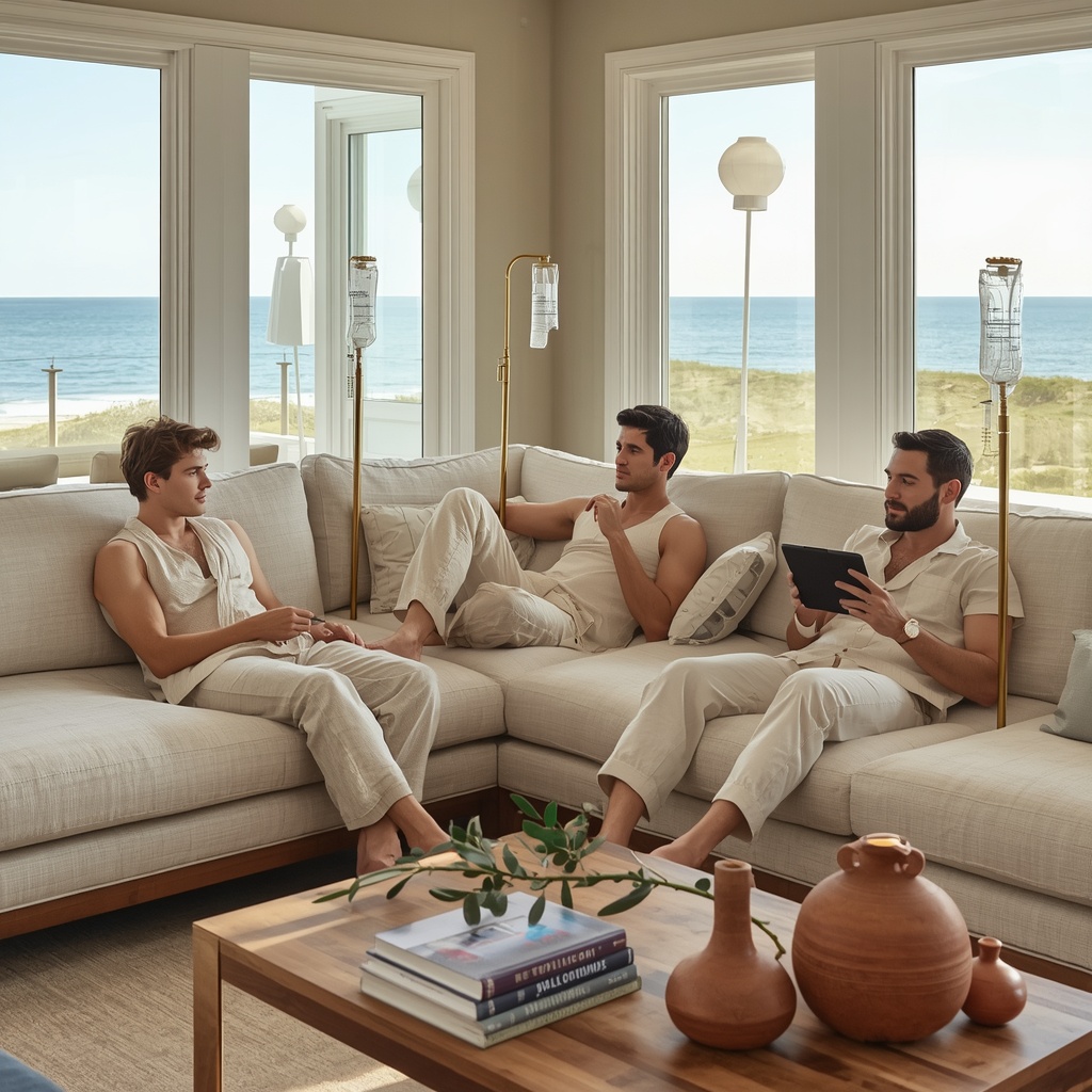 Groomsmen relaxing in a beach house living room during a bachelor party IV session