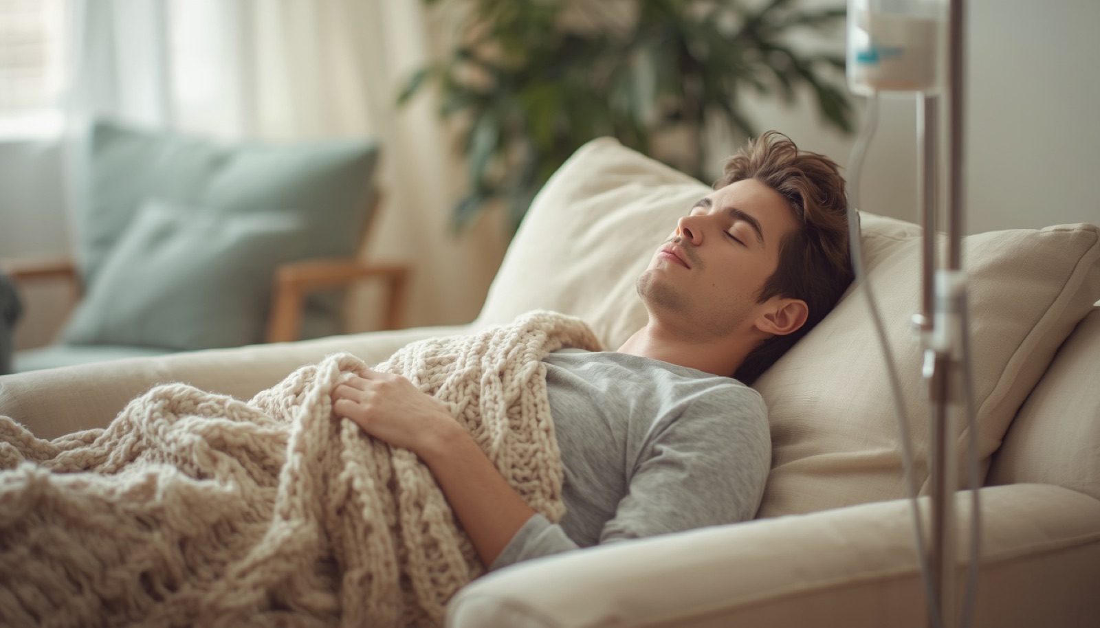 Recovering comfortably at home while an IV drip runs