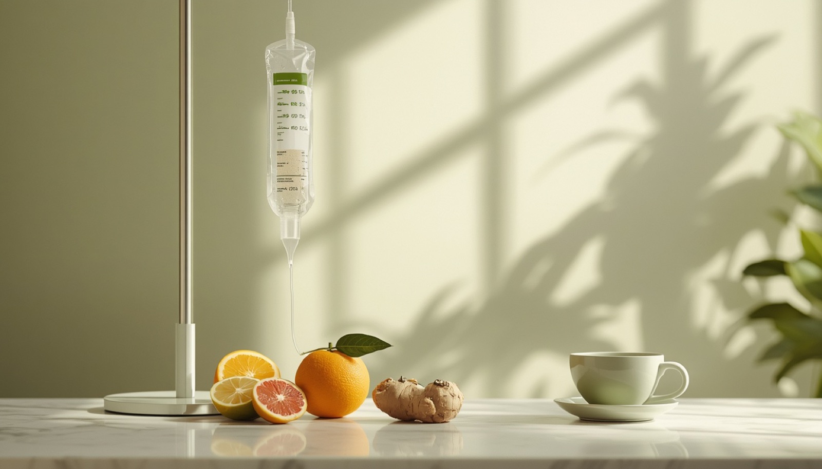 A calm morning wellness scene with an IV drip at home