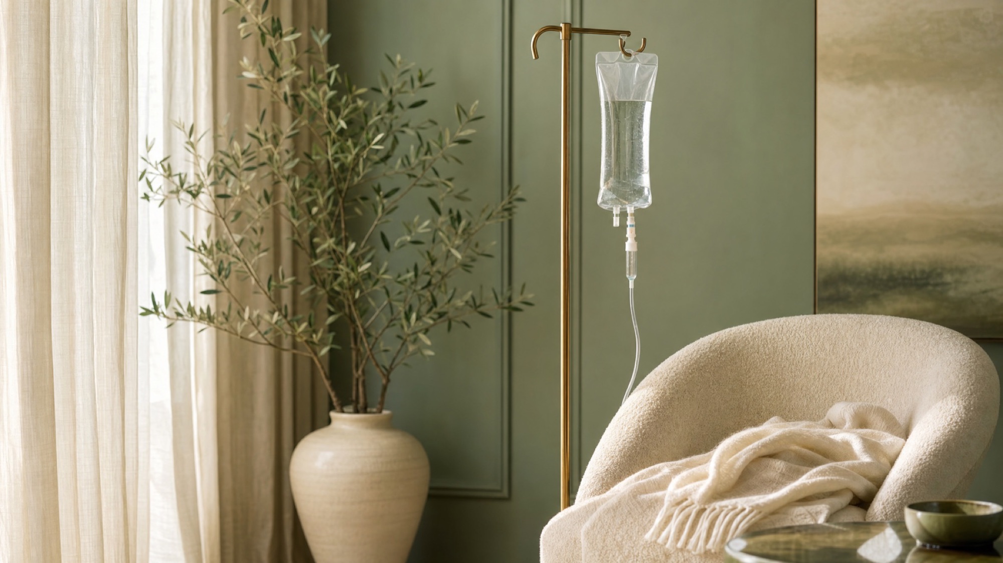 IV drip bag on a brass stand in a sage room
