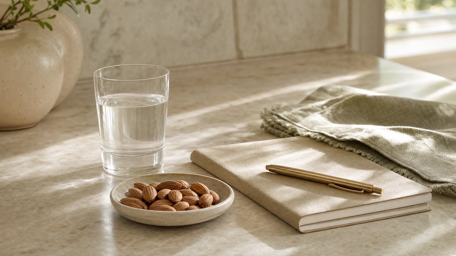 A glass of water, a small dish of almonds and a closed notebook with a brass pen on a pale stone kitchen counter in morning light.