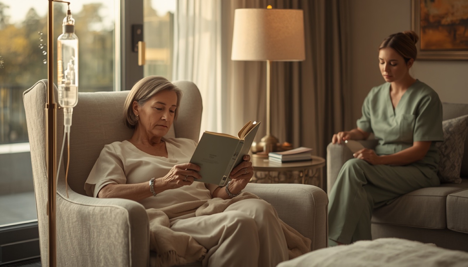 A client receiving a slow NAD+ infusion in an armchair at home while a nurse sits nearby
