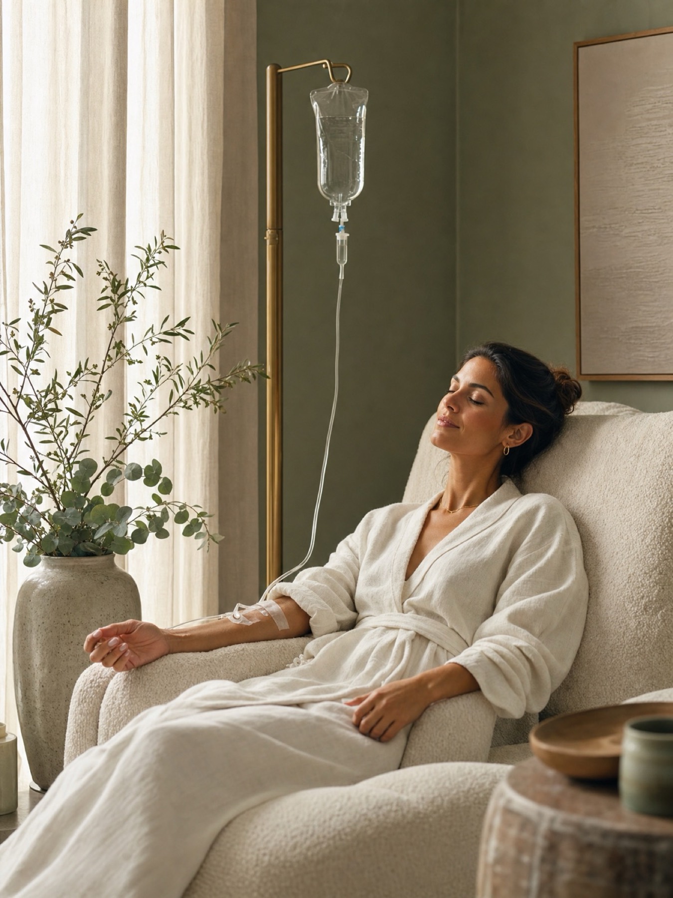 A calm sage room prepared for an in-home IV visit