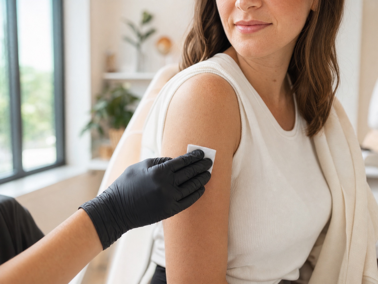 A small flexible catheter taped in place on the forearm during an infusion