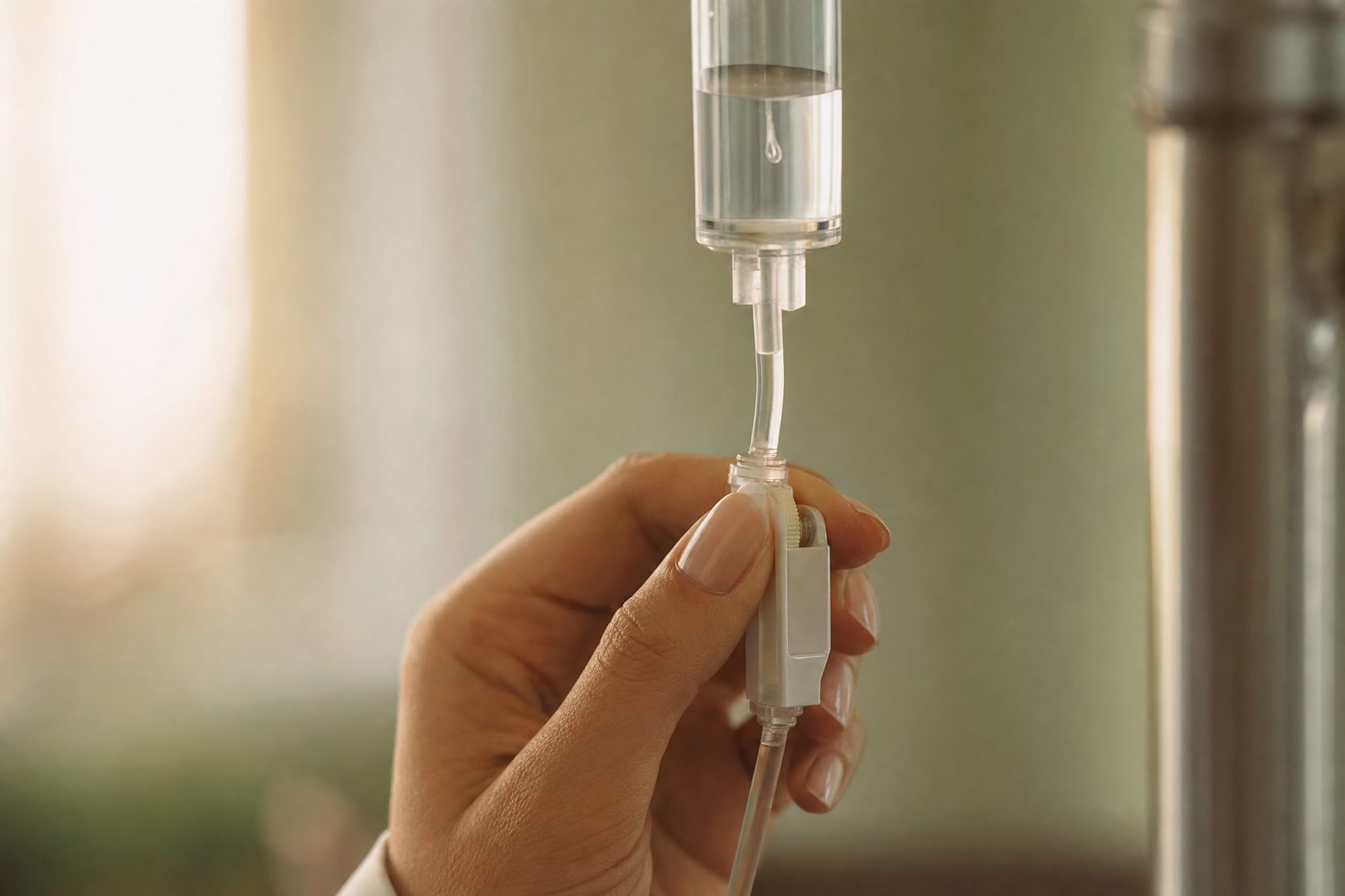 A nurse adjusting the roller clamp on IV tubing to slow the drip rate, with the drip chamber visible above