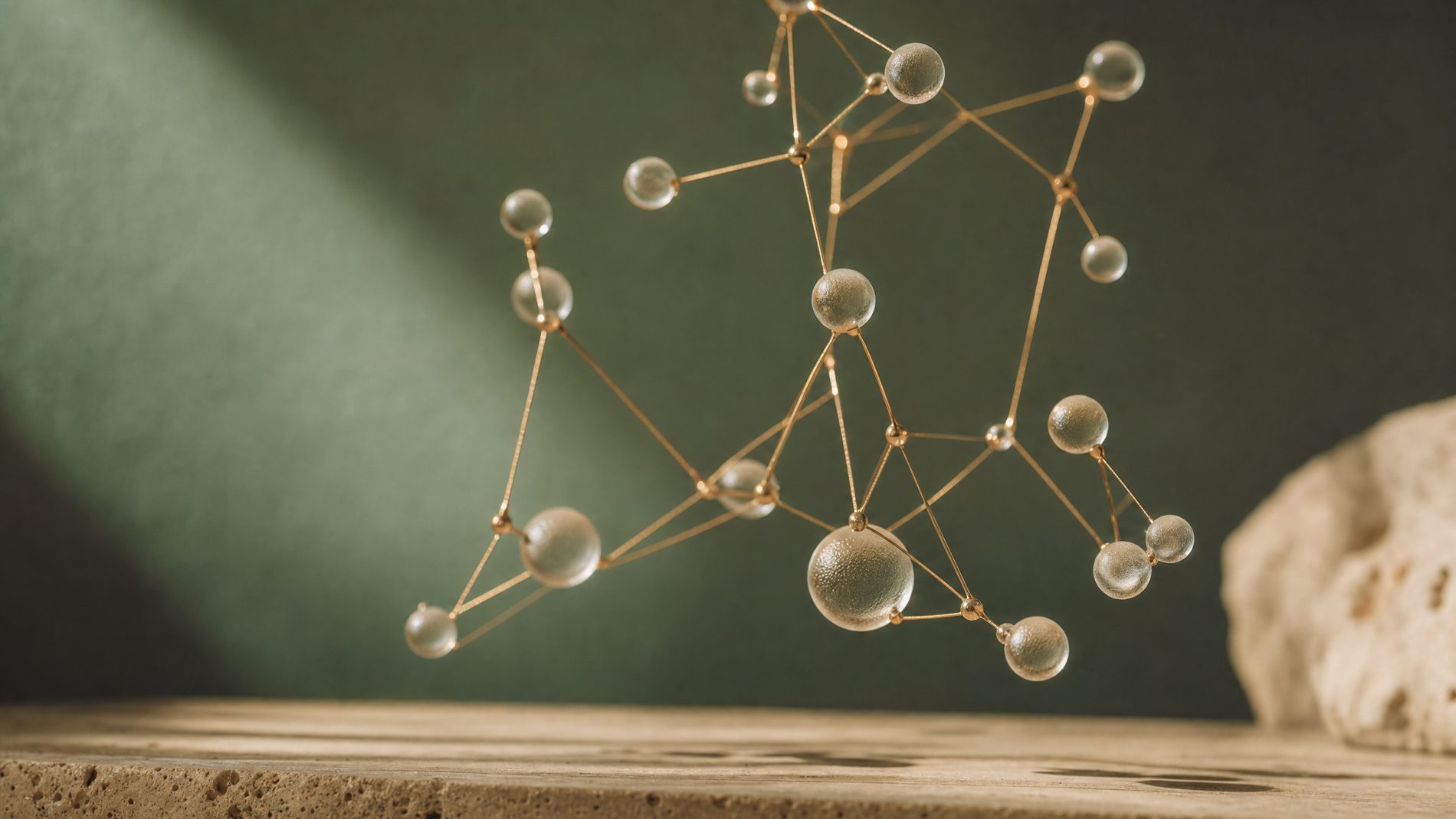 An abstract sculpture of frosted glass spheres joined by fine gold rods, suspended above a stone slab
